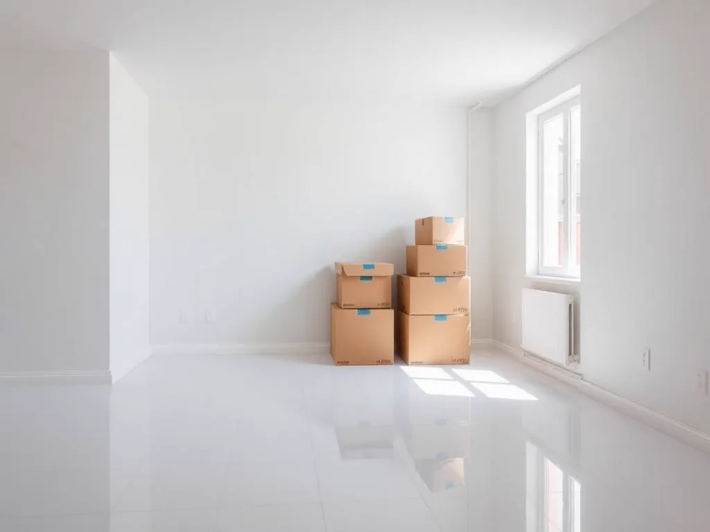 Clean empty room with neatly stacked moving boxes